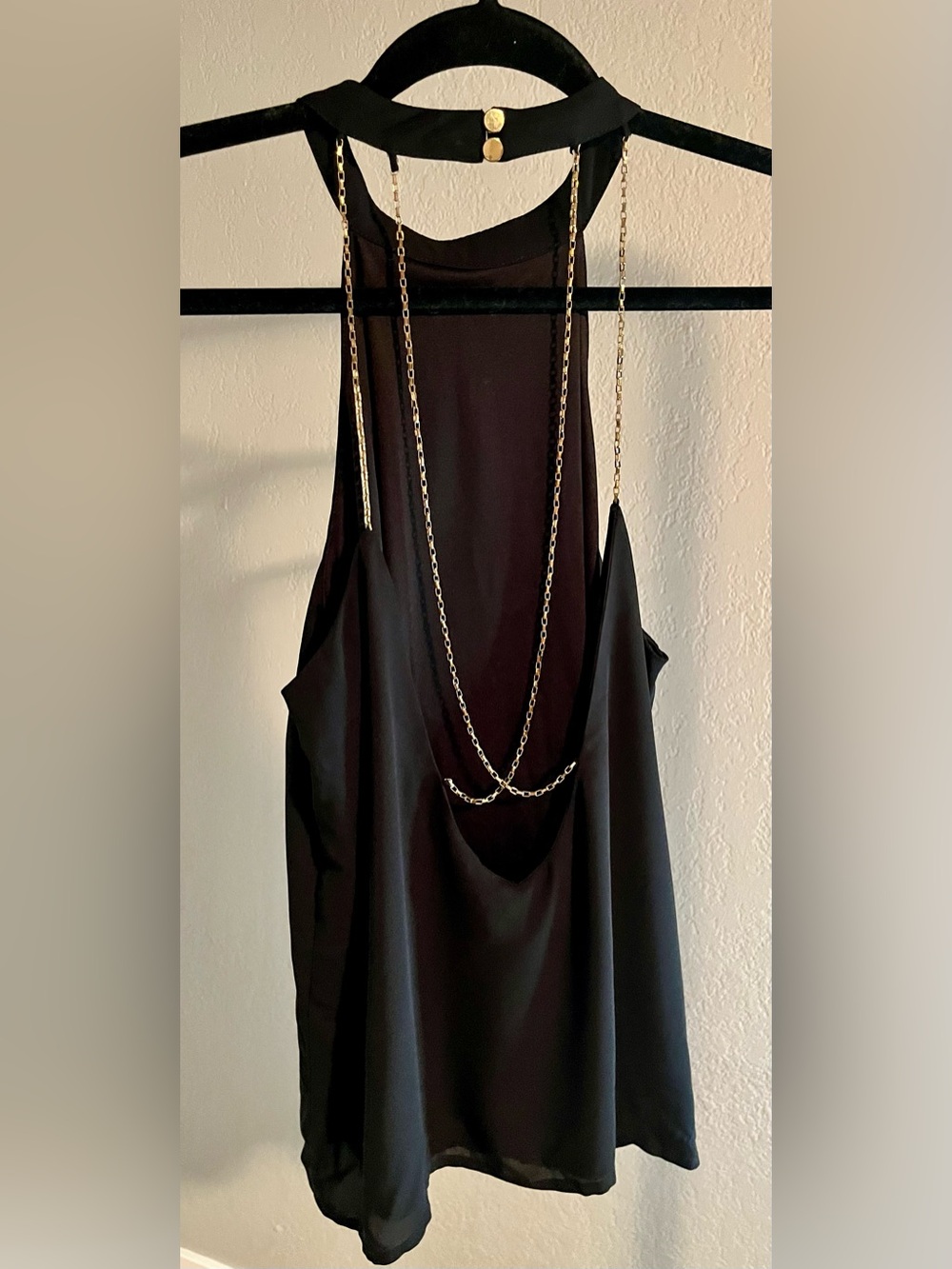 Express Black Halter High Neck Tank with Gold Chain Details. Going Out Top Y2K